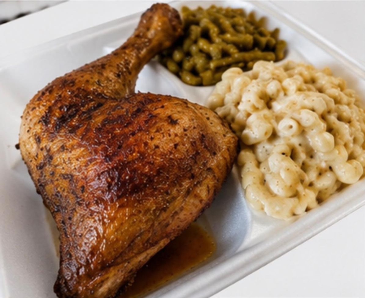 Nzuri Reyne catering seasoned baked chicken with mac and cheese and green beans Houston